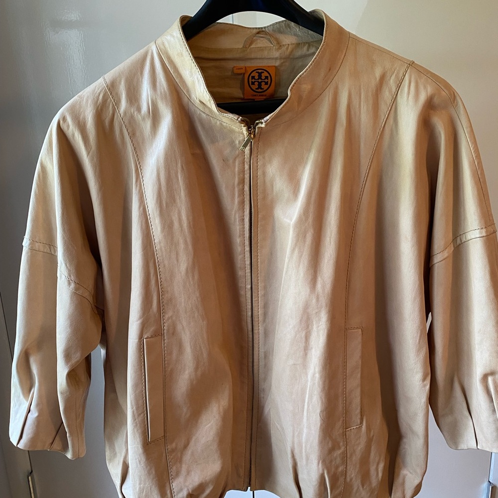 Tory Burch tan leather bomber jacket